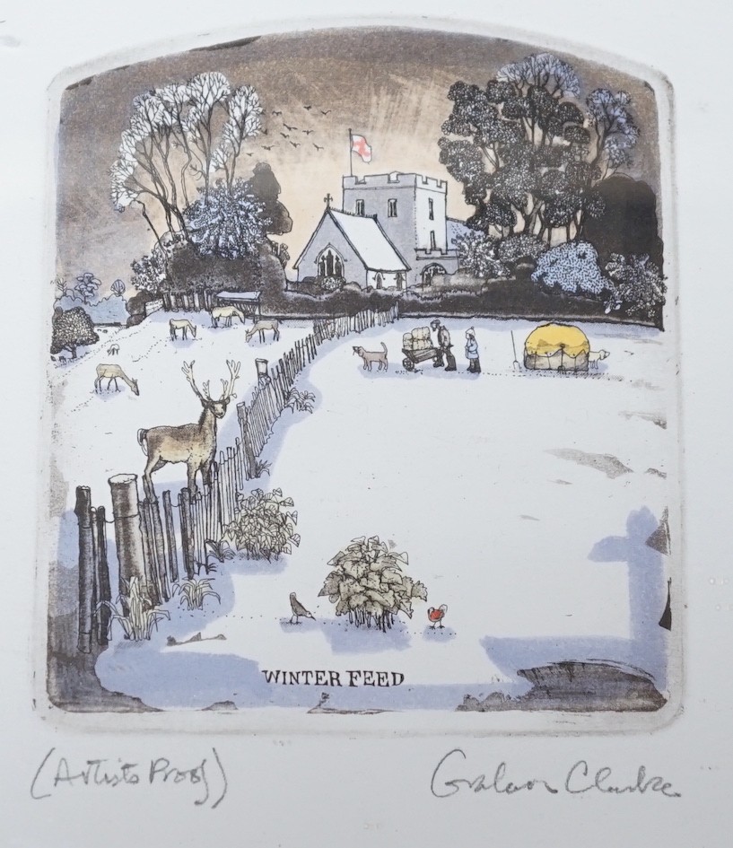 Graham Clarke (b.1941), four artist proof prints, ‘The Place, Boughton Monchelsea’, ‘St Peter’s Lych Gate’, ‘Winter Feed’ and ‘Kitchen Garden’, signed in pencil, 12 x 10.5cm